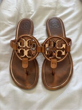 Tory Burch Cognac Leather Cutout Logo Sandals